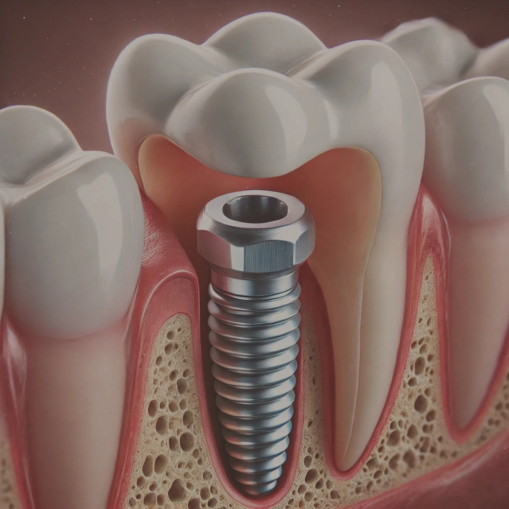 Illustrazione di un impianto dentale con vite in titanio per la sostituzione dei denti ad Acqui Terme